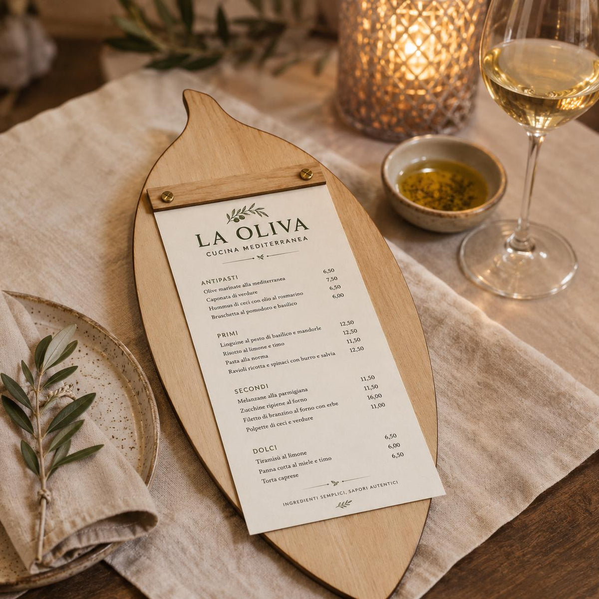 Portamenu in Legno a Forma di foglia di oliva ebano, Tavoletta per Ristorante mediterraneo, Clipboard Personalizzata Incisione Logo