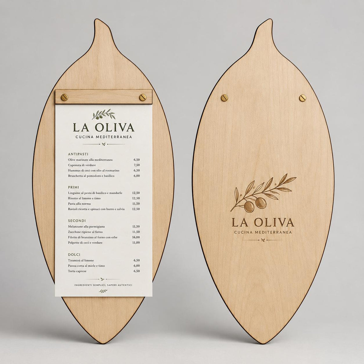 Portamenu in Legno a Forma di foglia di oliva noce scuro, Tavoletta per Ristorante mediterraneo, Clipboard Personalizzata Incisione Logo