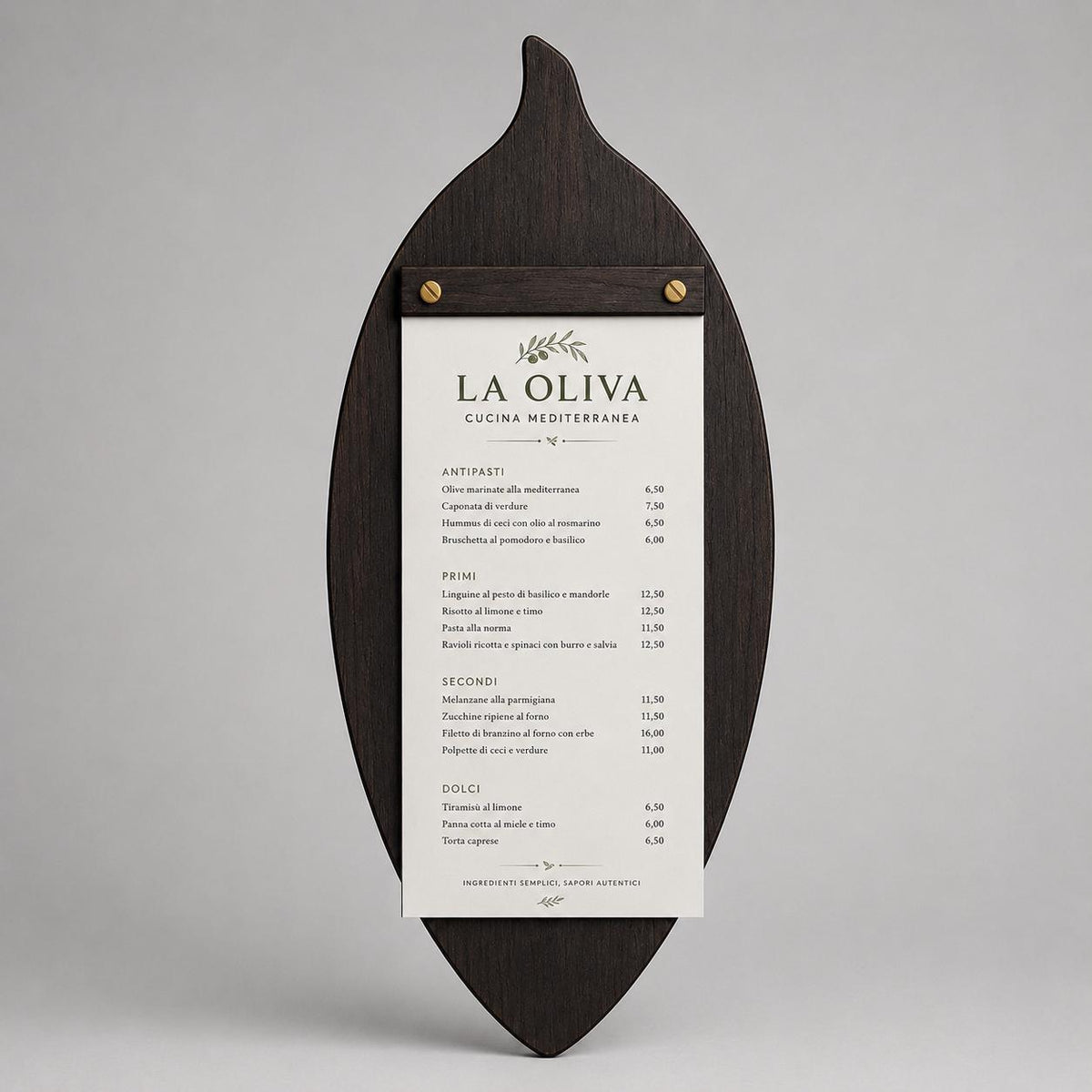 Portamenu in Legno a Forma di foglia di oliva noce scuro, Tavoletta per Ristorante mediterraneo, Clipboard Personalizzata Incisione Logo