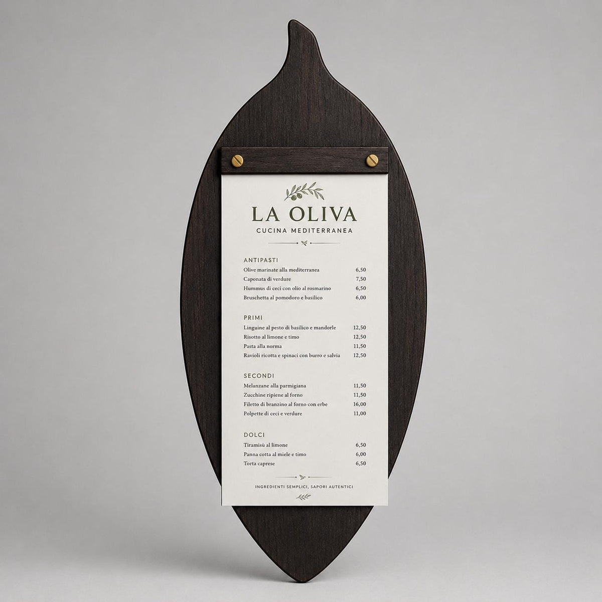 Portamenu in Legno a Forma di foglia di oliva , Tavoletta per Ristorante mediterraneo, Clipboard Personalizzata Incisione Logo