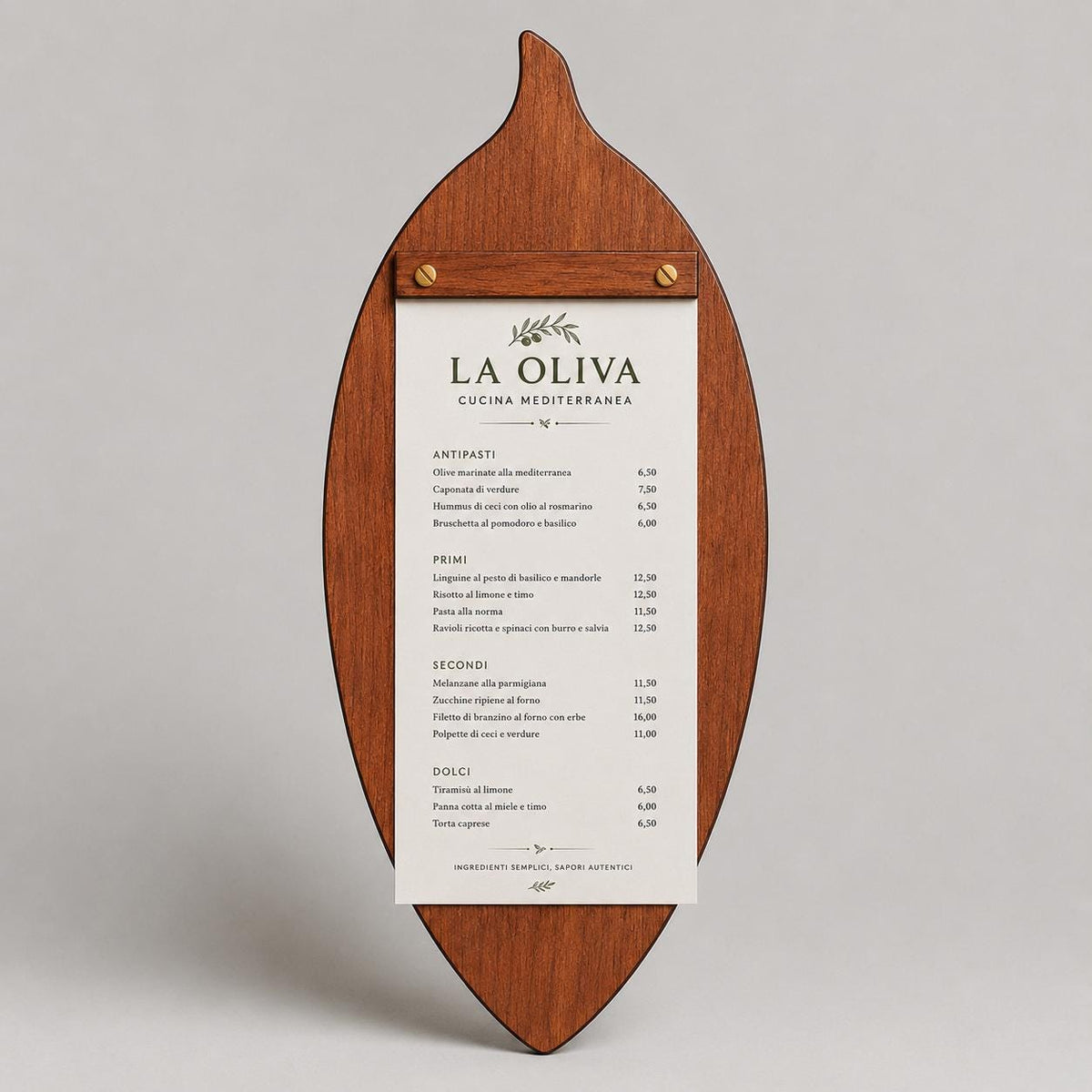 Portamenu in Legno a Forma di foglia di oliva ebano, Tavoletta per Ristorante mediterraneo, Clipboard Personalizzata Incisione Logo