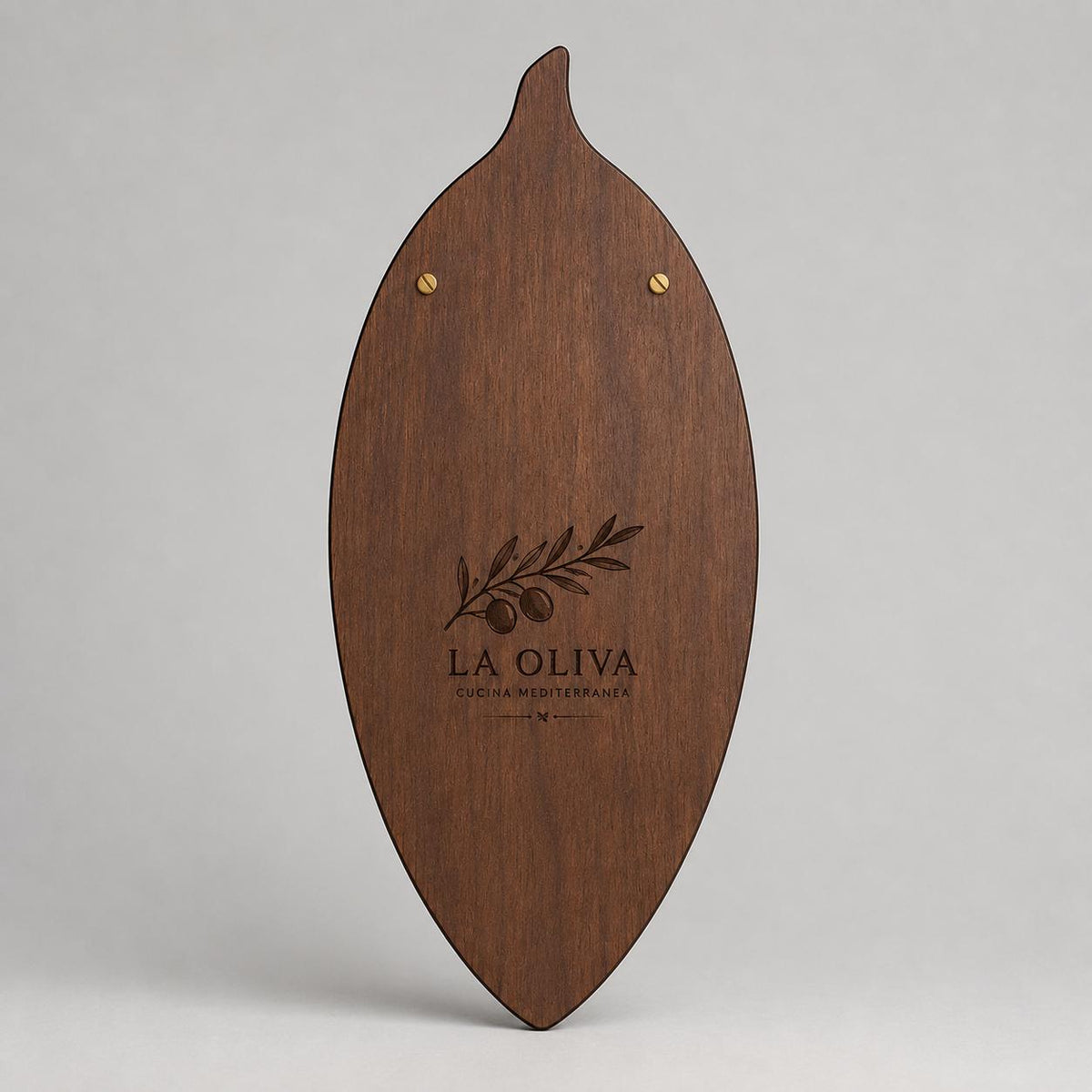 Portamenu in Legno a Forma di foglia di oliva noce scuro, Tavoletta per Ristorante mediterraneo, Clipboard Personalizzata Incisione Logo