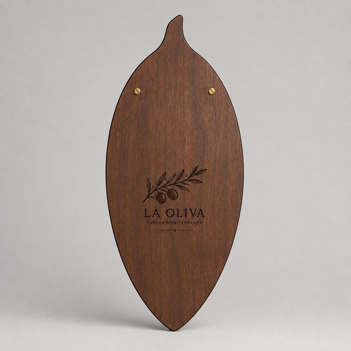 Portamenu in Legno a Forma di foglia di oliva ebano, Tavoletta per Ristorante mediterraneo, Clipboard Personalizzata Incisione Logo