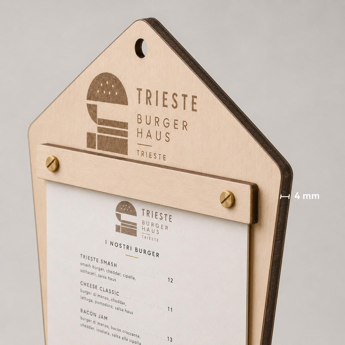 Portamenu in Legno pentagonale moderno ebano , Tavoletta per Ristorante mediterraneo, Clipboard Personalizzata Incisione Logo