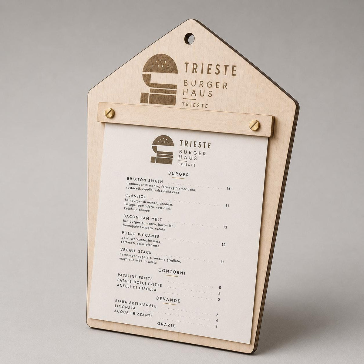 Portamenu in Legno pentagonale , Tavoletta per Ristorante mediterraneo, Clipboard Personalizzata Incisione Logo