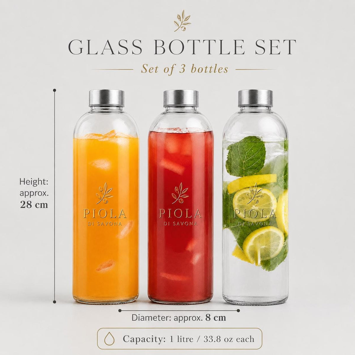 Borraccia in vetro da 1 litro, confezione 3 bottiglie vuote in vetro con coperchio, per acqua, frullati, succhi di frutta, chiusura ermetica