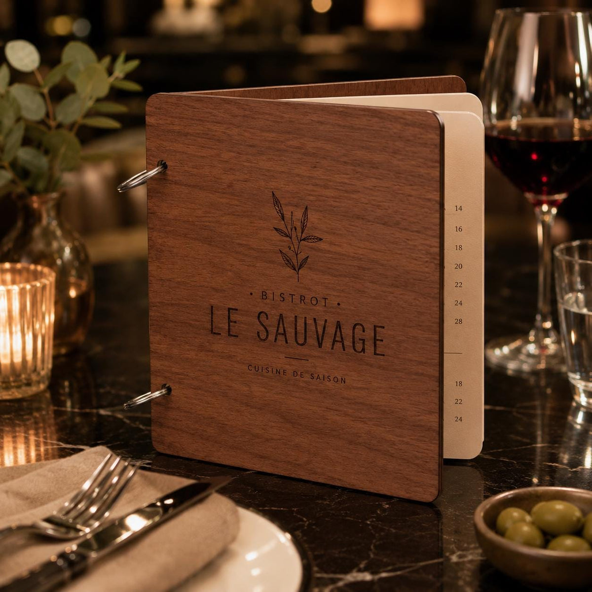 Portamenu in Legno Quadrato ebano 22x22 cm Personalizzato, Cartellina a Libro con Anelli per Ristorante e Bar, Copertina Menu con Incisione