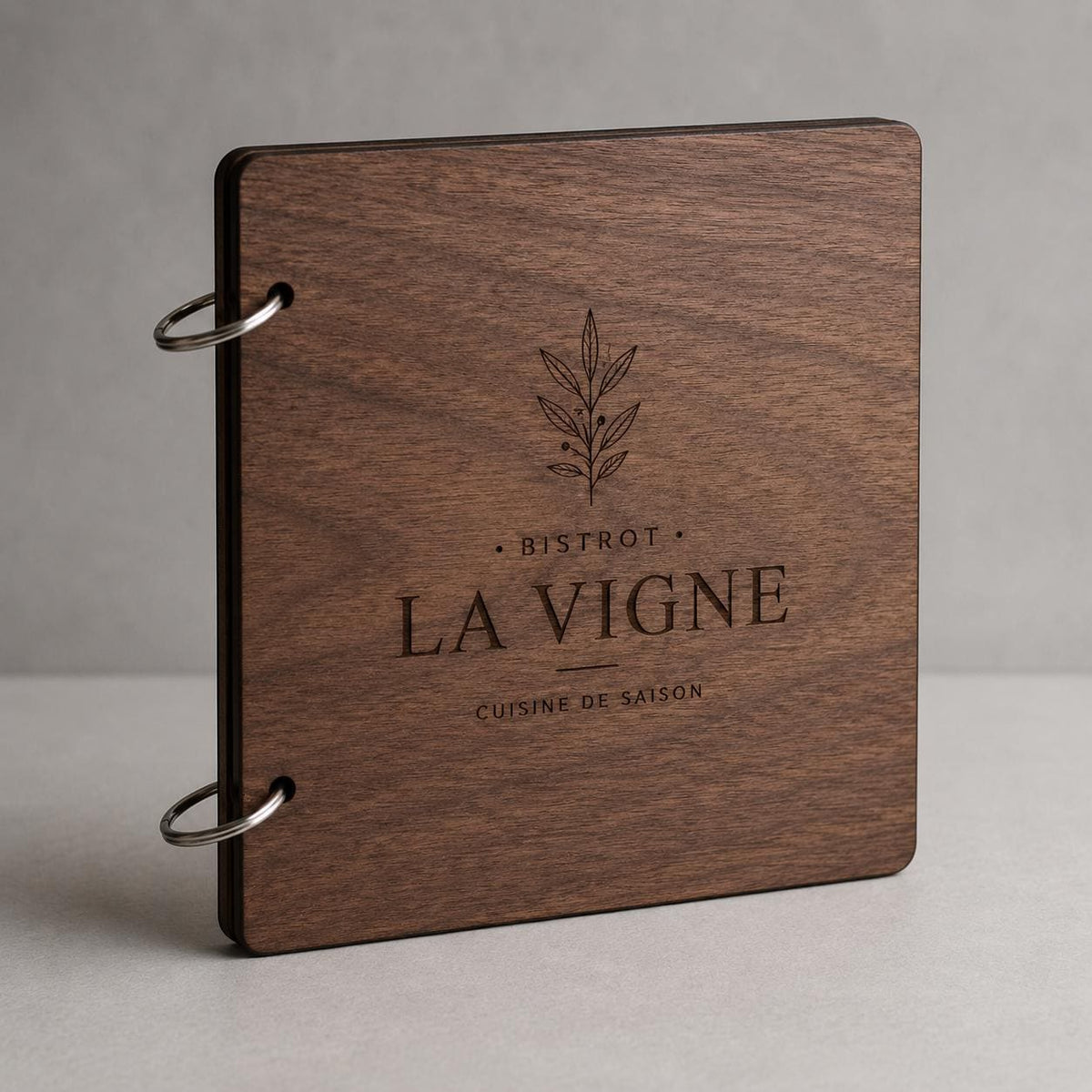 Portamenu in Legno Quadrato mogano 22x22 cm Personalizzato, Cartellina a Libro con Anelli per Ristorante e Bar, Copertina Menu con Incisione