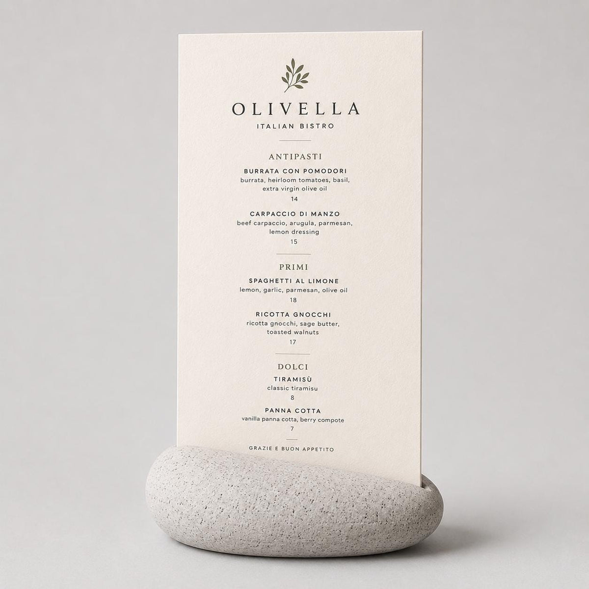 Portamenu Design Sasso in Stampa 3D, Segnatavolo Organico PLA Effetto Pietra, Espositore Menu Minimalista per Ristorante Bistro Caffetteria