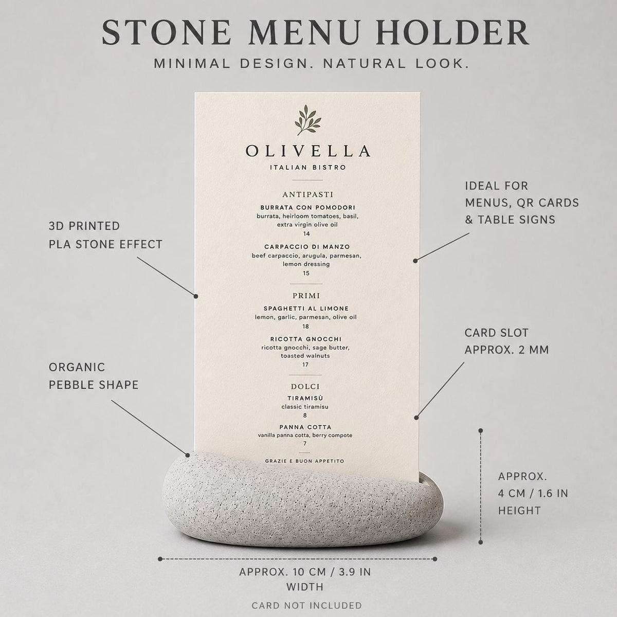 Portamenu Design Sasso in Stampa 3D, Segnatavolo Organico PLA Effetto Pietra, Espositore Menu Minimalista per Ristorante Bistro Caffetteria