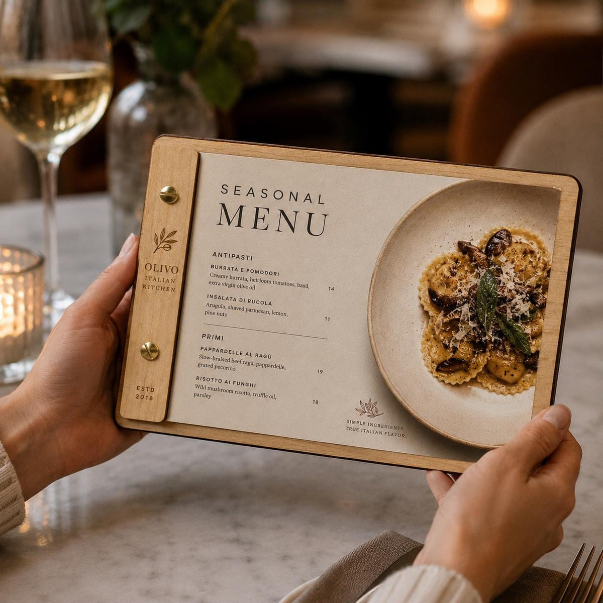 Portamenu in Legno orizzontale Formato A4 o a5 Tavoletta per Ristorante Pizzeria e Trattoria, Clipboard Personalizzata Incisione Logo