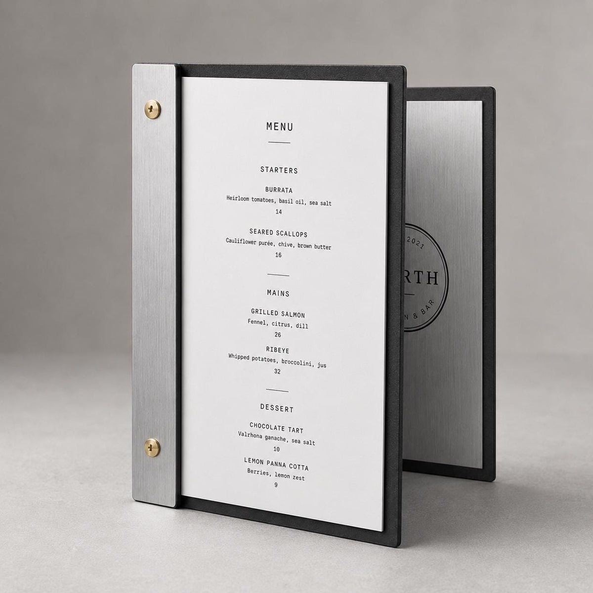 Portamenu luxury effetto ottone spazzolato Formato A4 Tavoletta per Ristorante Pizzeria e Trattoria, Personalizzato Incisione Logo