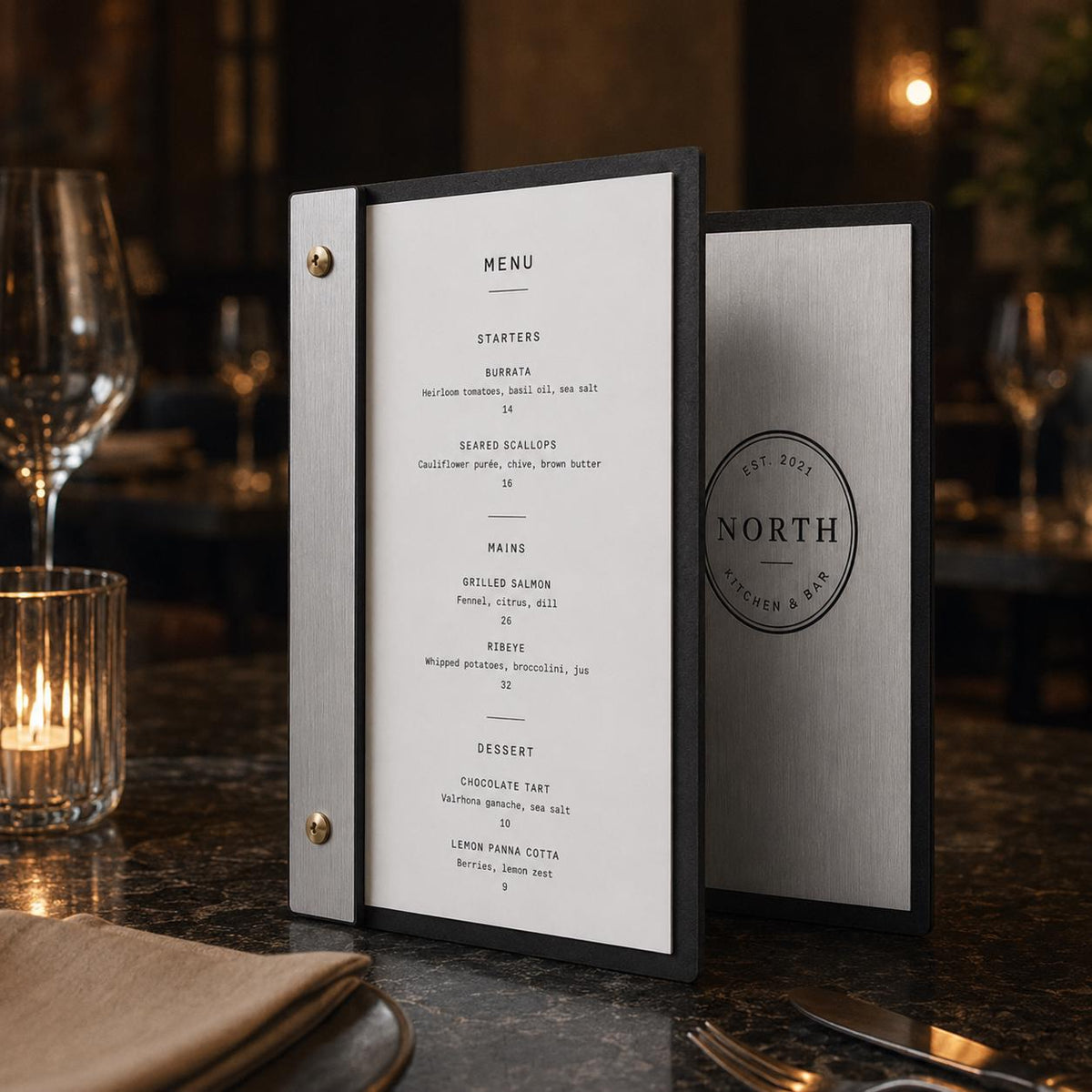 Portamenu luxury effetto acciaio spazzolato Formato A4 Tavoletta per Ristorante Pizzeria e Trattoria, Personalizzato Incisione Logo