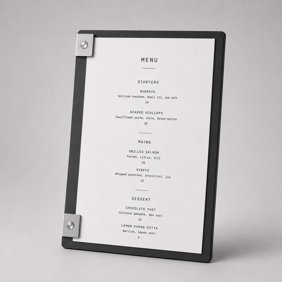 Portamenu design effetto acciaio spazzolato Formato A4 Tavoletta per Ristorante Pizzeria e Trattoria, Personalizzato Incisione Logo