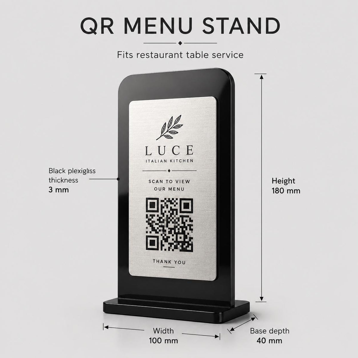 Supporto QR Code da tavolo in plexiglas nero con targhetta ottone o bianco incisa per ristorante bar hotel