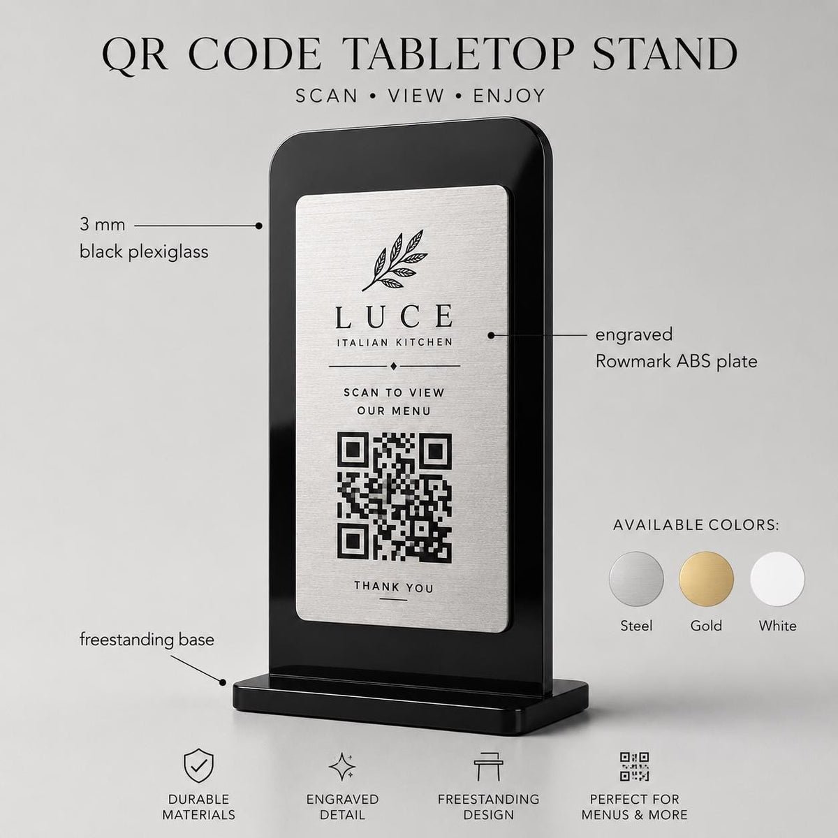 Supporto QR Code da tavolo in plexiglas nero con targhetta ottone o bianco incisa per ristorante bar hotel
