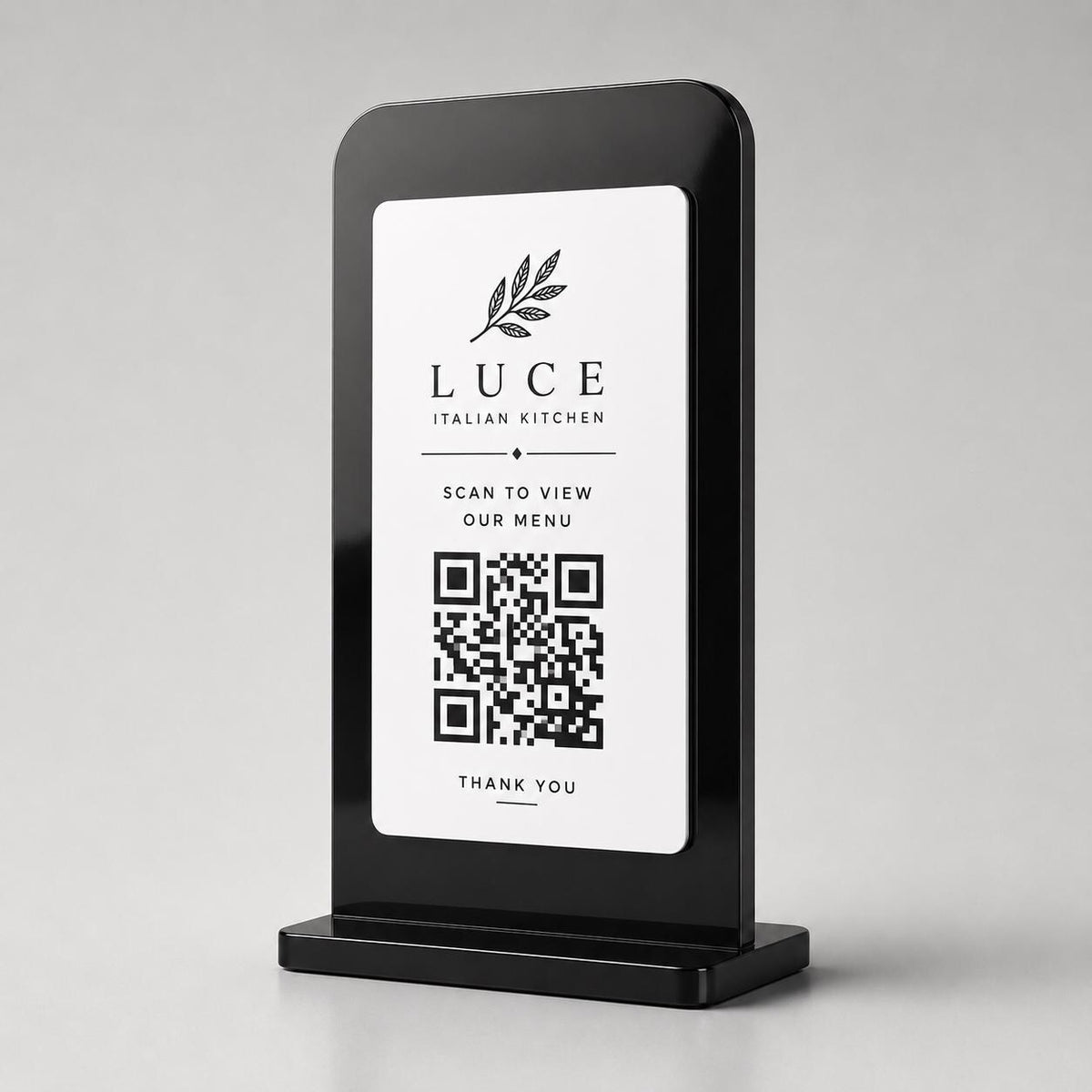 Supporto QR Code da tavolo in plexiglas nero con targhetta ottone o bianco incisa per ristorante bar hotel