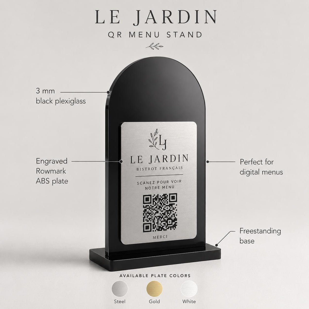 Supporto QR Code da tavolo in plexiglas nero con targhetta ottone o bianco incisa per ristorante bar hotel