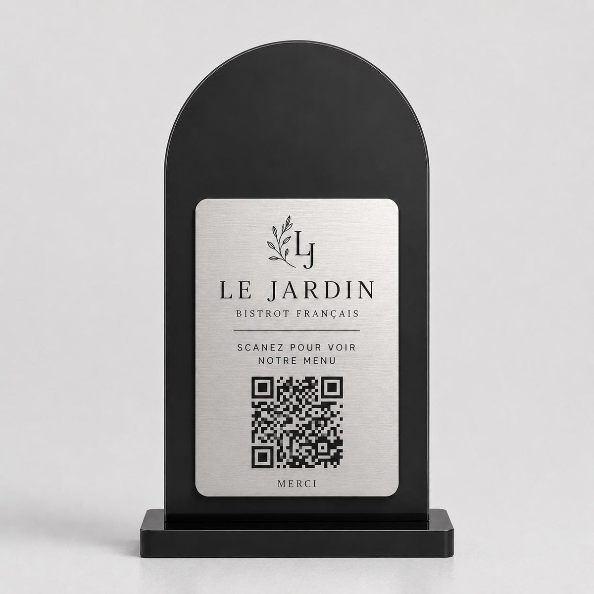 Supporto QR Code da tavolo in plexiglas nero con targhetta ottone o bianco incisa per ristorante bar hotel