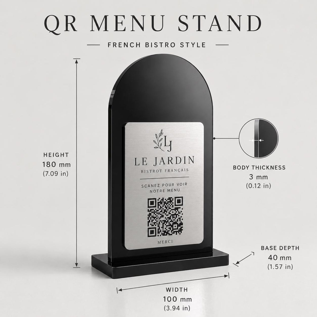 Supporto QR Code da tavolo in plexiglas nero con targhetta ottone o bianco incisa per ristorante bar hotel