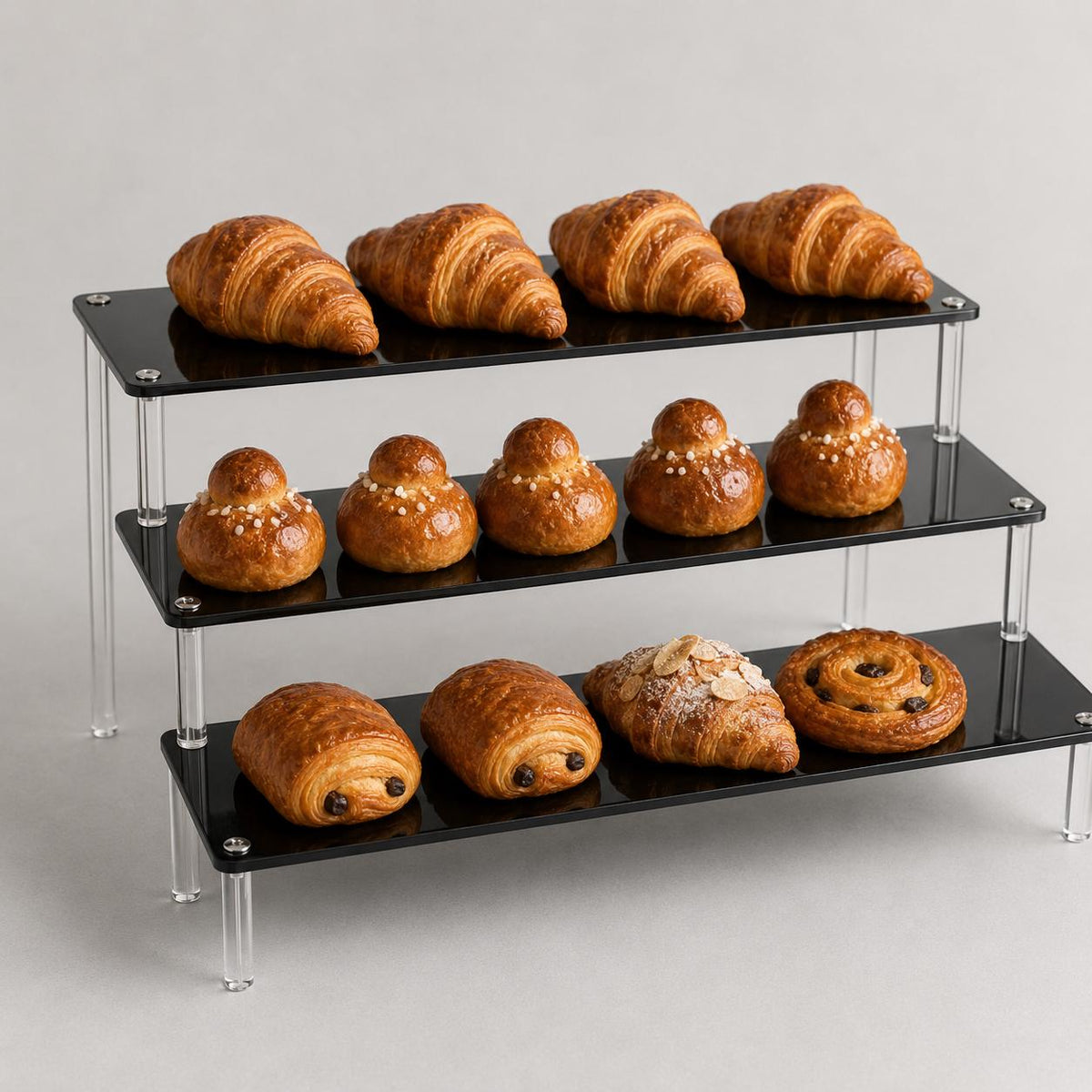 Espositore Acrilico a 3 Livelli per Personaggi Profumi Gioielli Cupcakes, 30x25x15cm, trasparente o nero