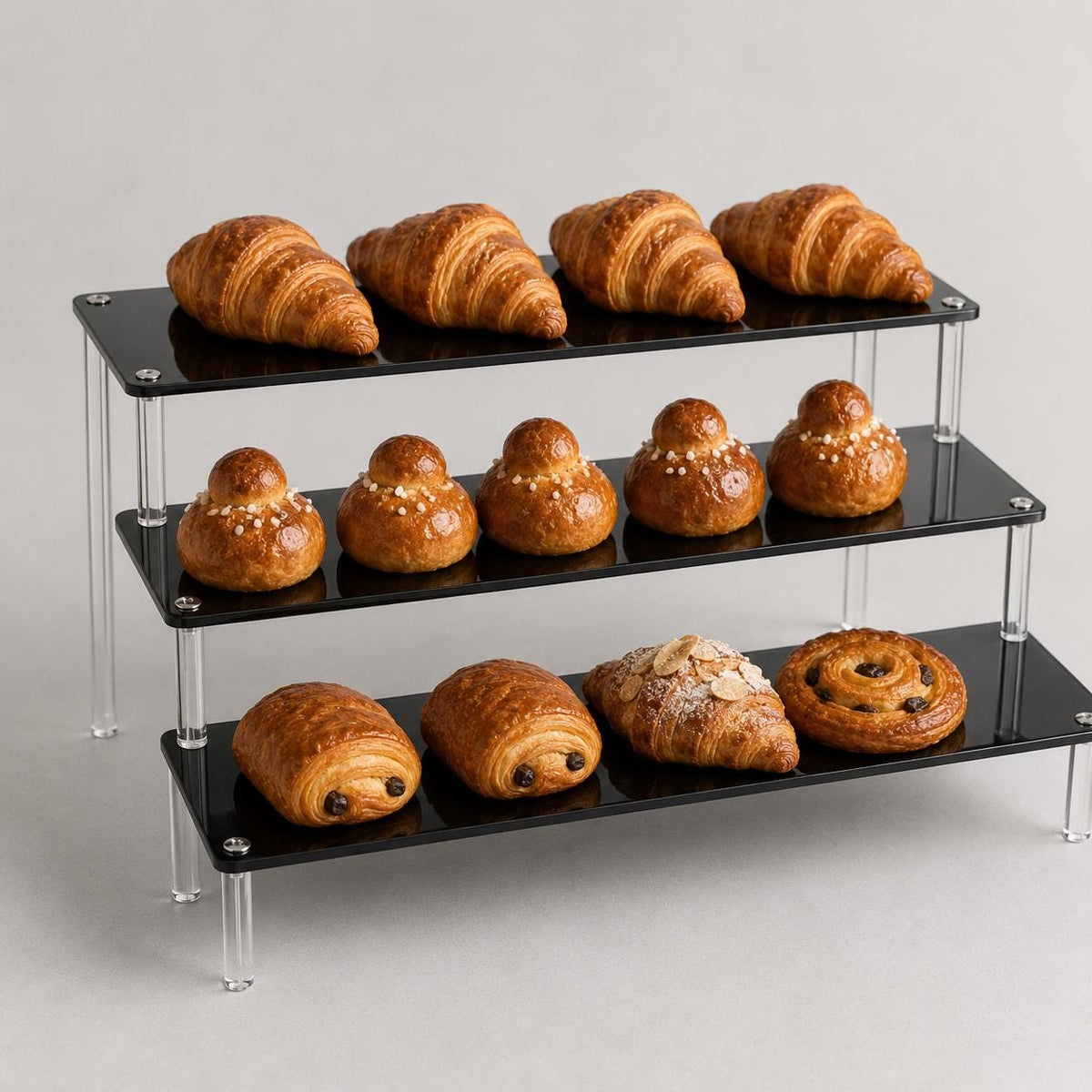 Espositore Acrilico a 3 Livelli nero per Personaggi Profumi Gioielli Cupcakes, 30x25x15cm, trasparente o nero
