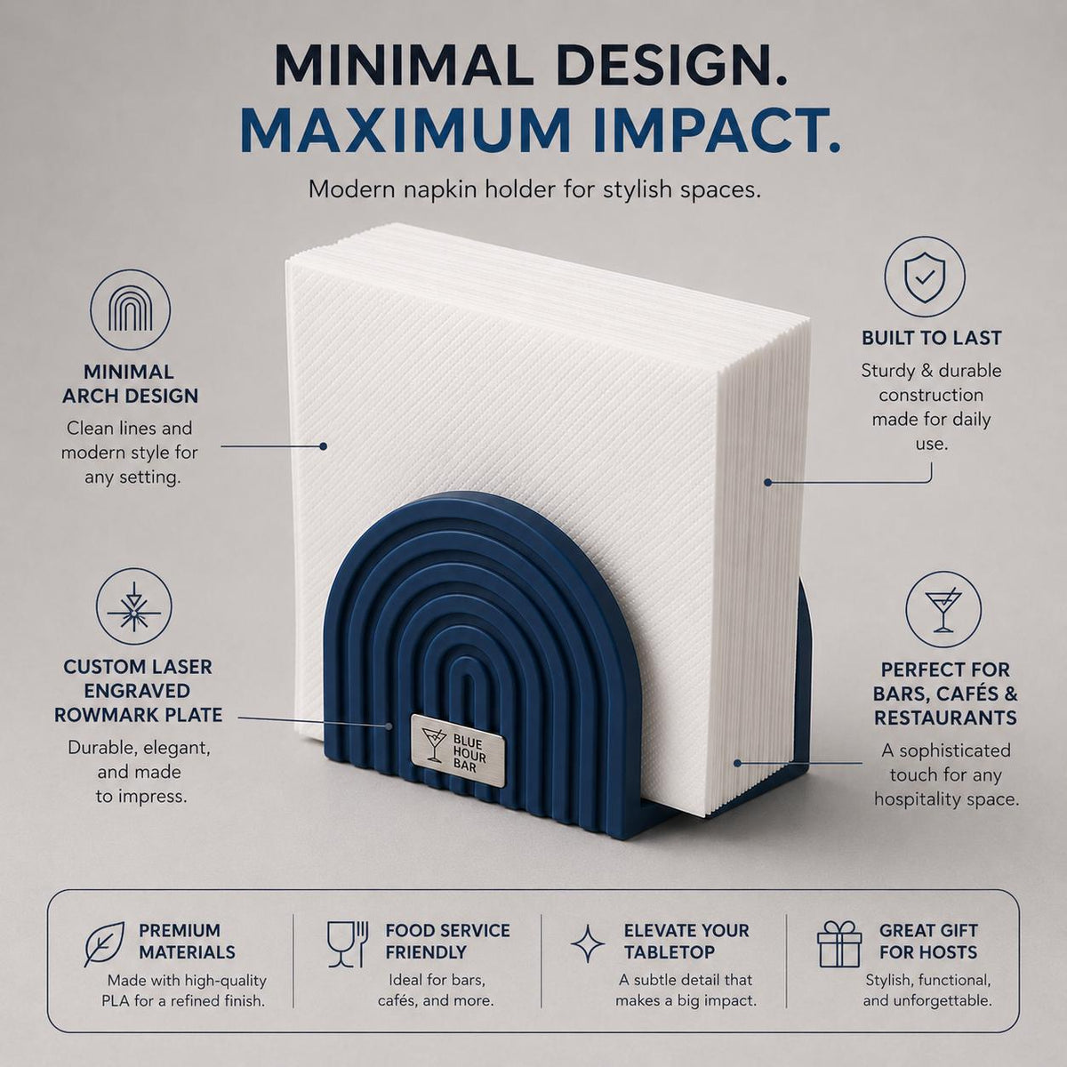 Portatovaglioli Design Moderno Plastica, Dispenser Tovaglioli Personalizzato Targhetta Incisa per Ristorante Bistro e Bar, Accessori Tavola