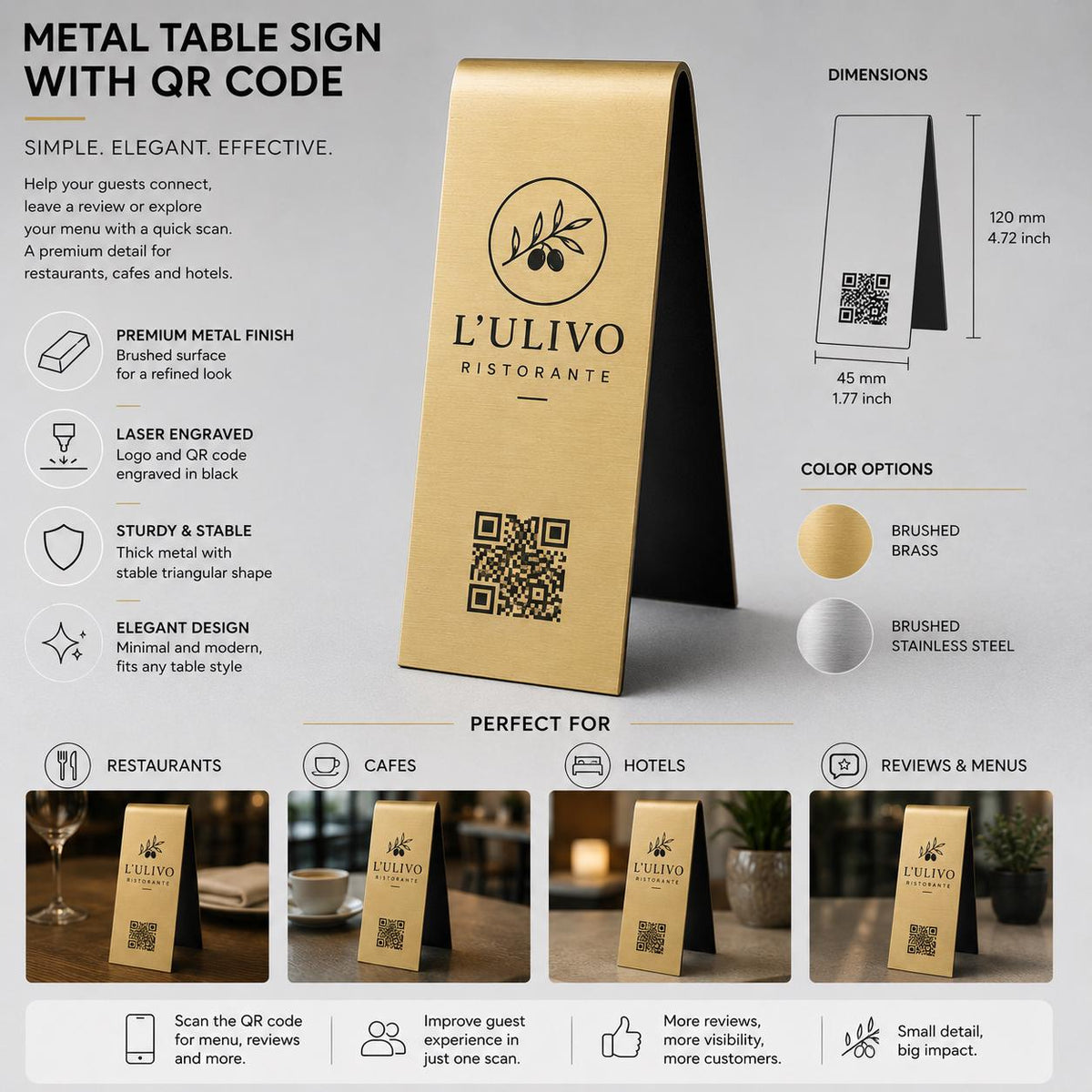 Espositore QR Code da Tavolo Oro Spazzolato Personalizzato, Portamenu a Cavalletto con Logo Inciso a Laser, Segnatavolo per Ristorante