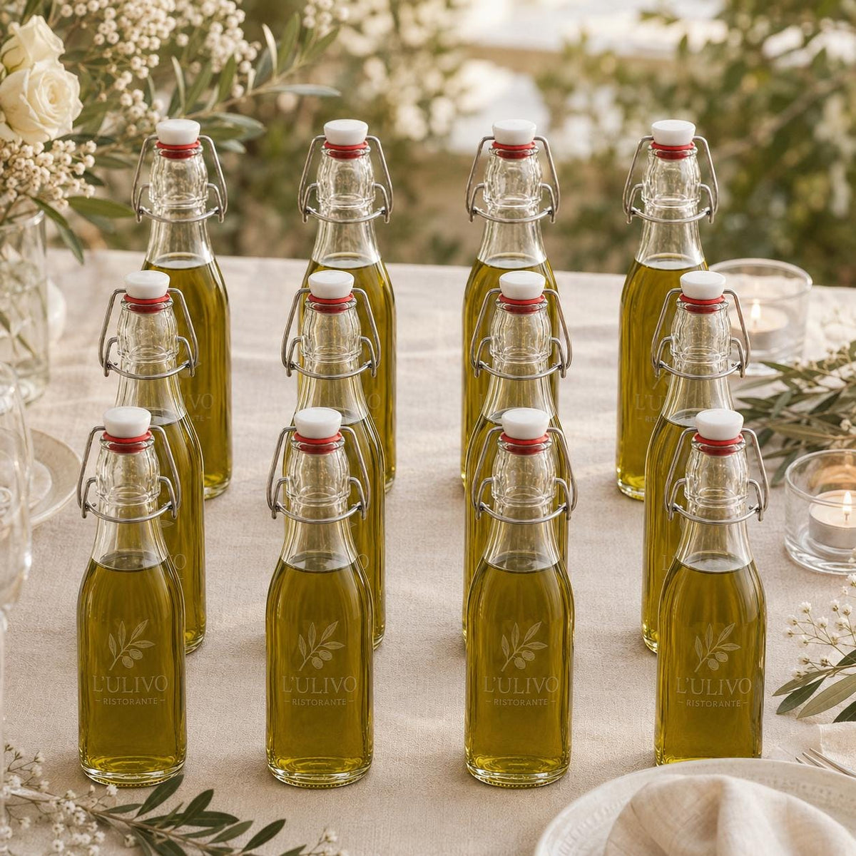 12 bottiglia in vetro quadrata con chiusura meccanica 250 ml (0.25 l) – da riempire per succo, sciroppo, liquore, olio e aceto