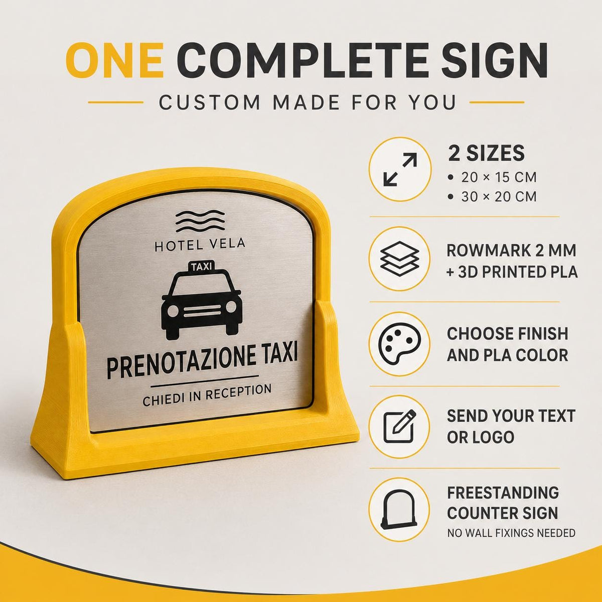 Targa Prenotazione Taxi Personalizzata Linea Tassametro | Segnaletica Hotel Reception in Rowmark e PLA 3D | Pezzo Singolo