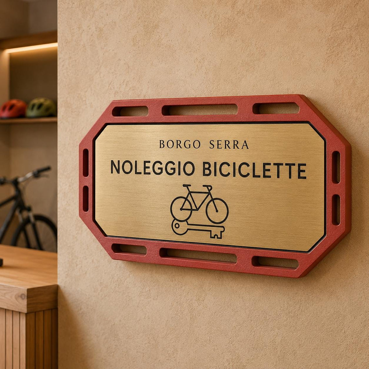 Targa Noleggio Biciclette Personalizzata Linea Pedale | Segnaletica Bike Rental Hotel in Rowmark e PLA 3D | Pezzo Singolo