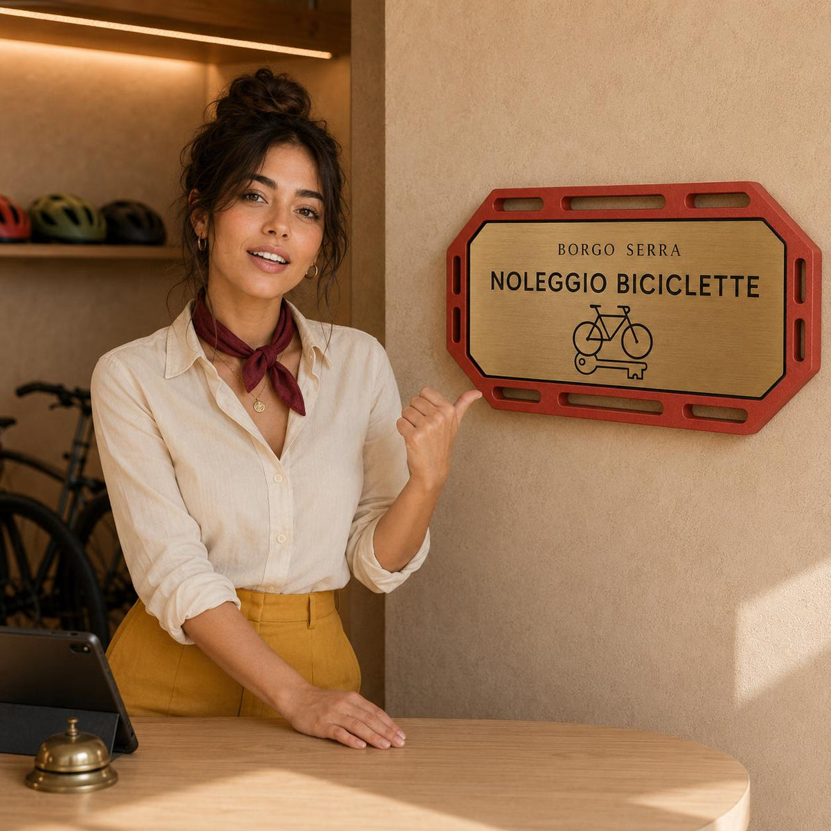 Targa Noleggio Biciclette Personalizzata Linea Pedale | Segnaletica Bike Rental Hotel in Rowmark e PLA 3D | Pezzo Singolo