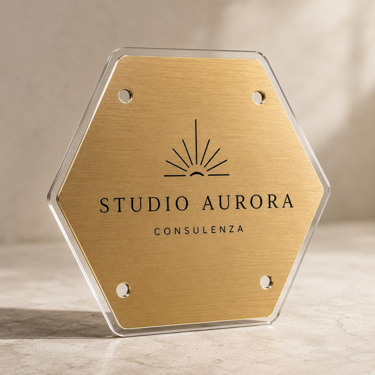Targa Esagonale Studio Professionale Personalizzata | Plexiglas Trasparente e Rowmark ABS | 4 Fori Ø10 mm | Pezzo Singolo