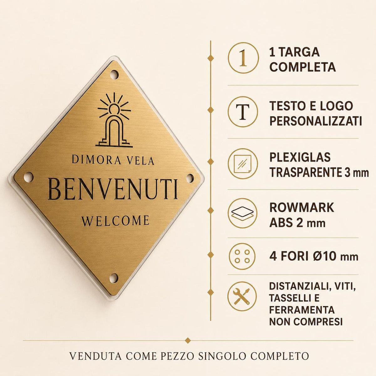 Targa a Losanga Benvenuti Personalizzata | Plexiglas Trasparente e Rowmark ABS | 4 Fori Ø10 mm | Pezzo Singolo