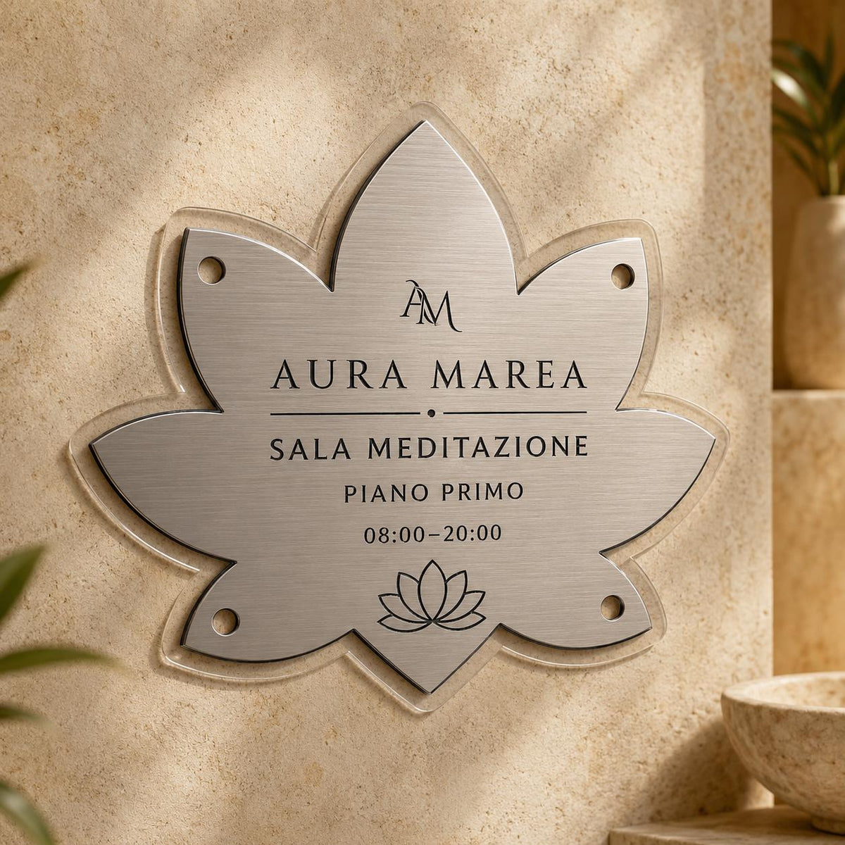 Targa a Loto Sala Meditazione Personalizzata | Plexiglas e Rowmark ABS | 4 Fori Ø10 mm | Pezzo Singolo