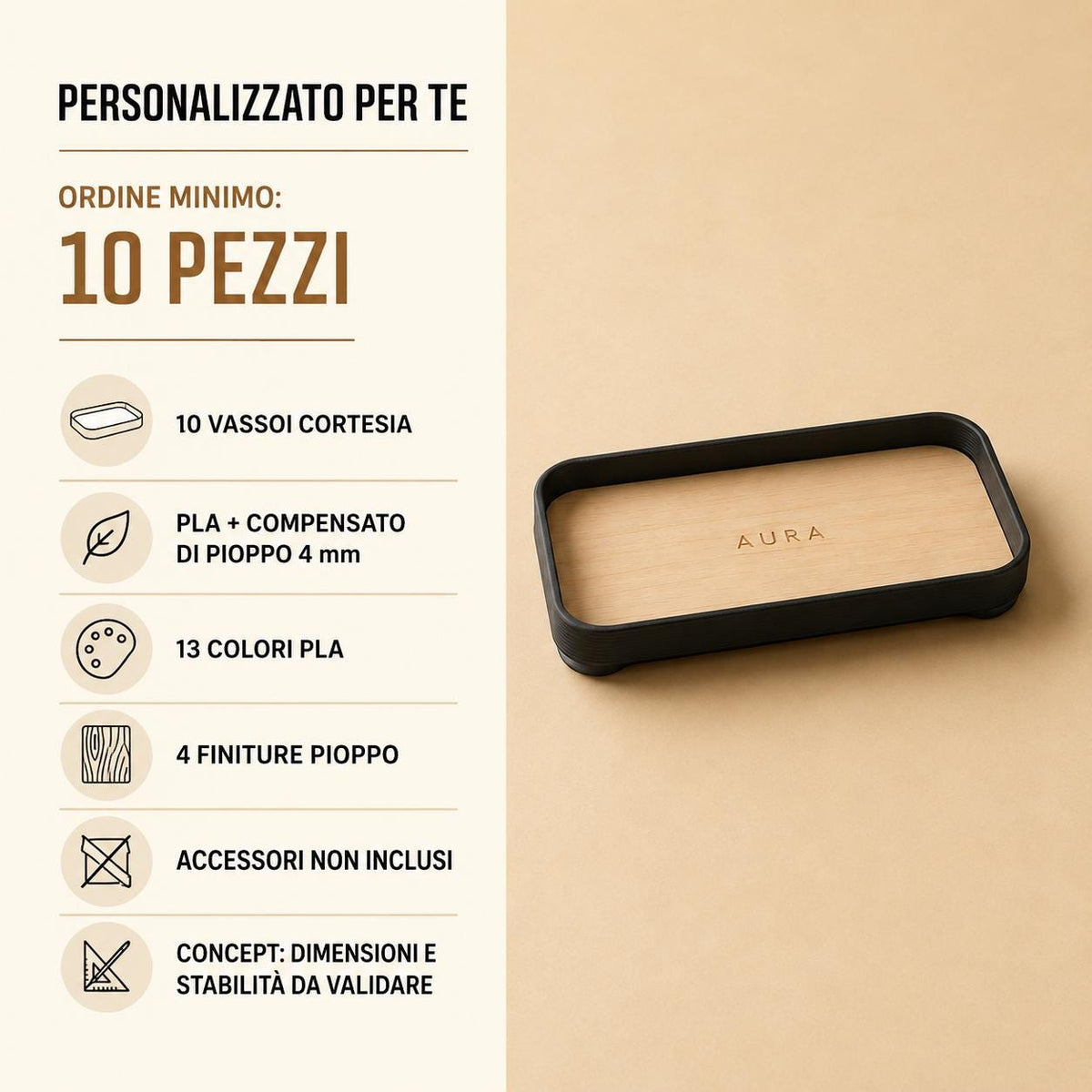 Set da 10 Vassoi Cortesia Personalizzati | PLA e Pioppo per Camere Hotel, B&B e Spa