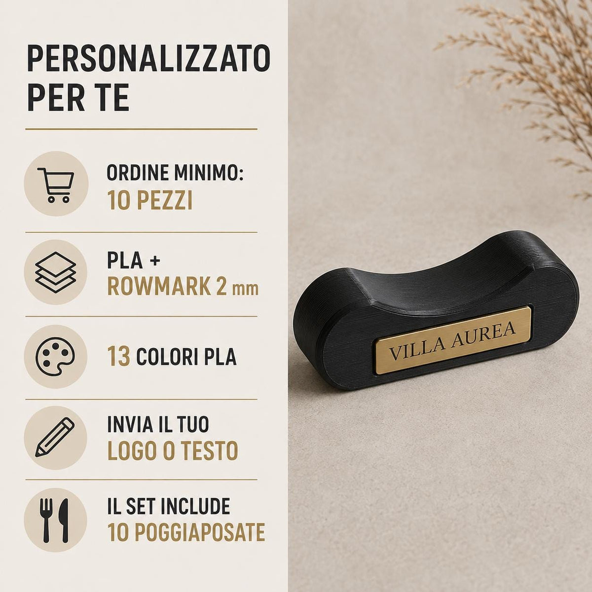 Set da 10 Poggiaposate Personalizzati | Supporti Posate in PLA e Rowmark Inciso per Ristoranti e Hotel
