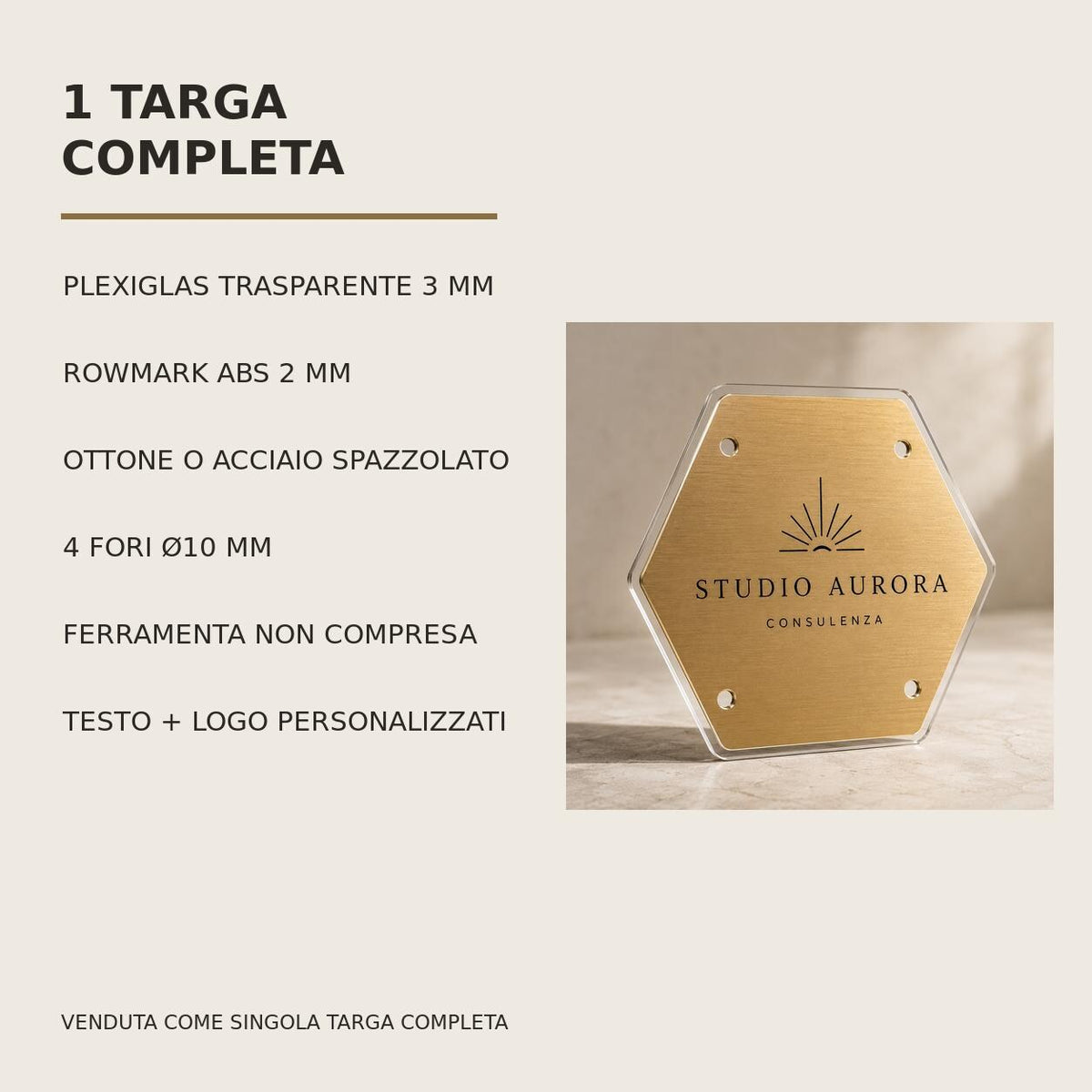 Targa Esagonale Studio Professionale Personalizzata | Plexiglas Trasparente e Rowmark ABS | 4 Fori Ø10 mm | Pezzo Singolo