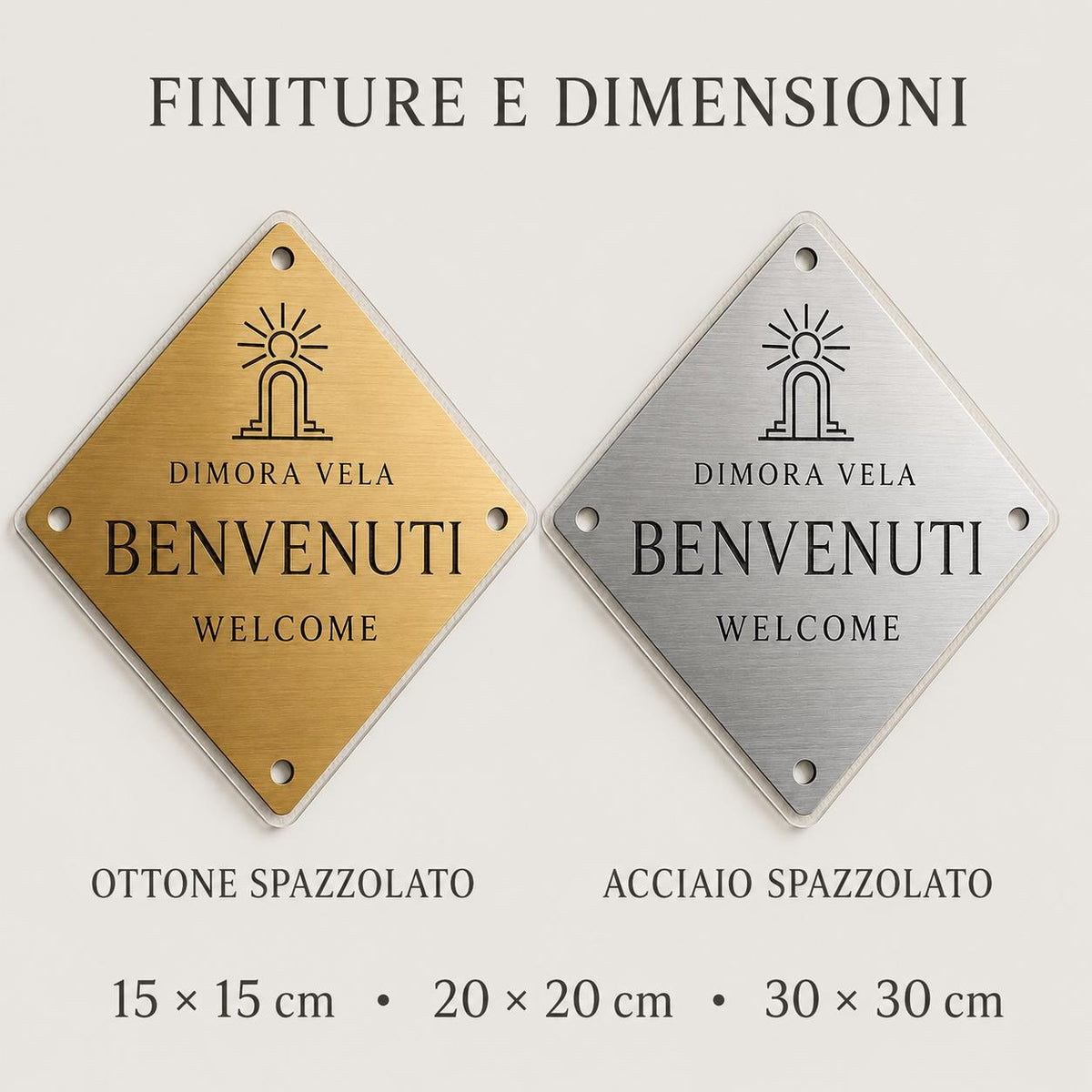 Targa a Losanga Benvenuti Personalizzata | Plexiglas Trasparente e Rowmark ABS | 4 Fori Ø10 mm | Pezzo Singolo