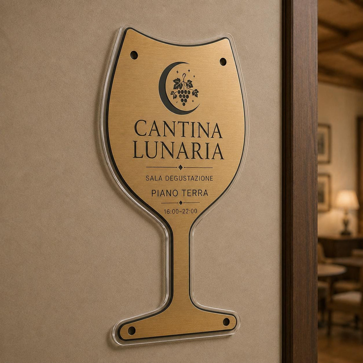 Targa a Calice Sala Degustazione Personalizzata | Plexiglas e Rowmark ABS | 4 Fori Ø10 mm | Pezzo Singolo