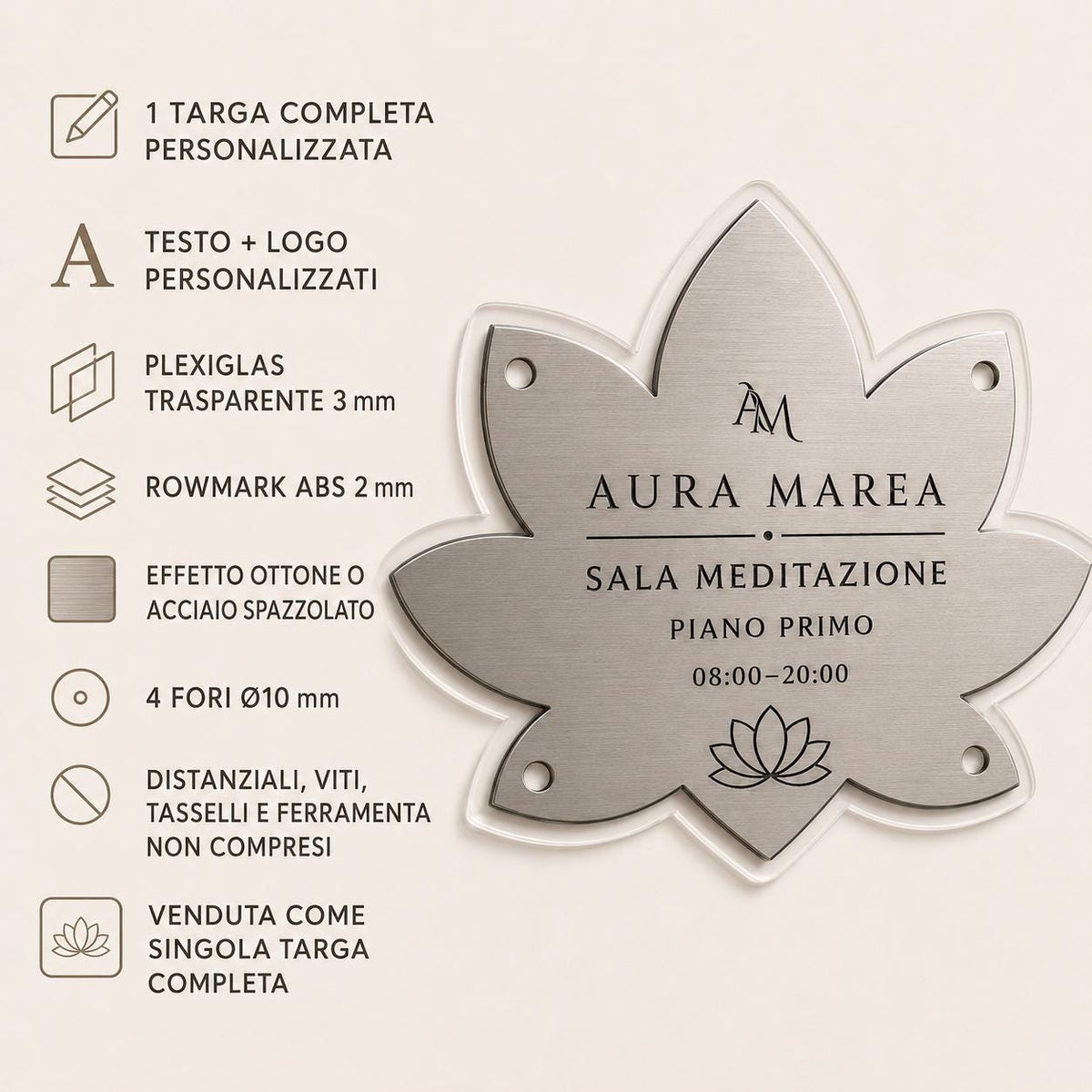 Targa a Loto Sala Meditazione Personalizzata | Plexiglas e Rowmark ABS | 4 Fori Ø10 mm | Pezzo Singolo