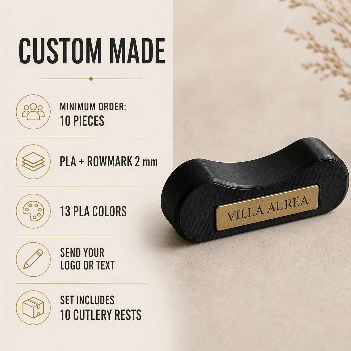 Set da 10 Poggiaposate Personalizzati | Supporti Posate in PLA e Rowmark Inciso per Ristoranti e Hotel