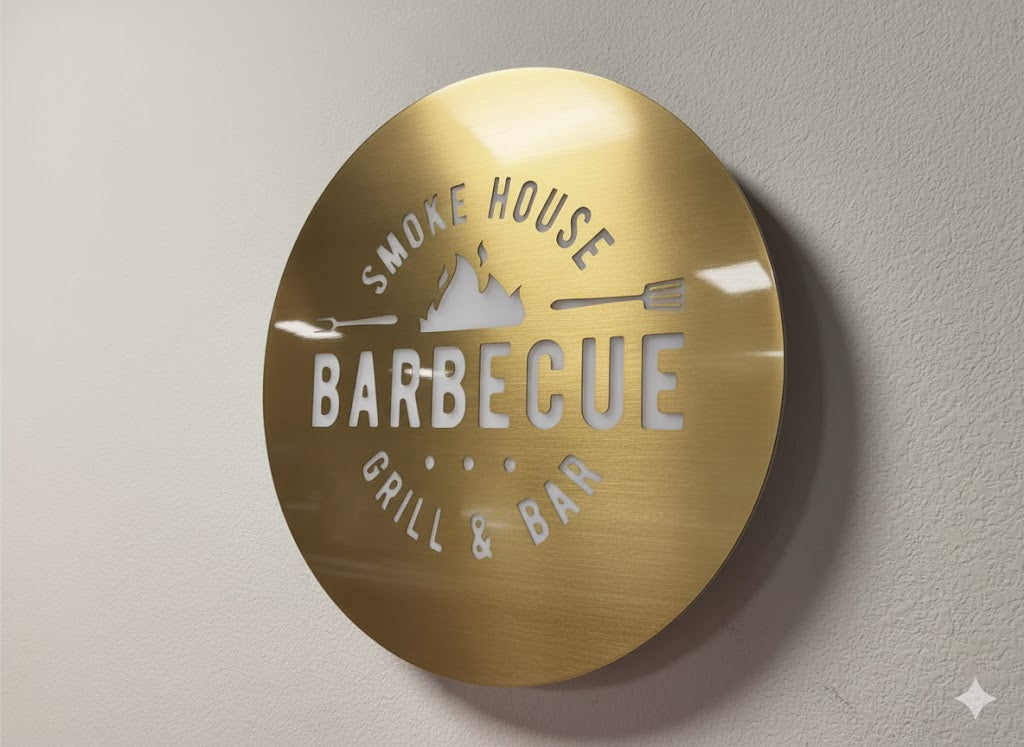 insegna a led retroilluminata in abs effetto ottone con logo insegna neon rgb personalizzata oer negozio locale moderno