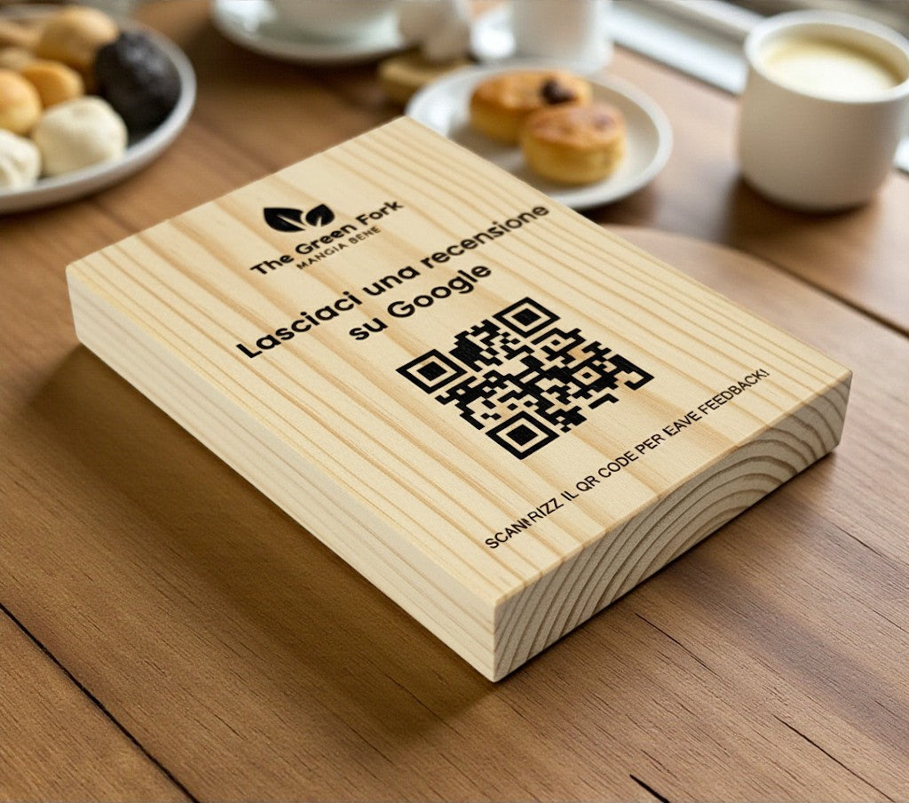 Totem in legno con QR Code inciso – Recensioni Google 5 stelle