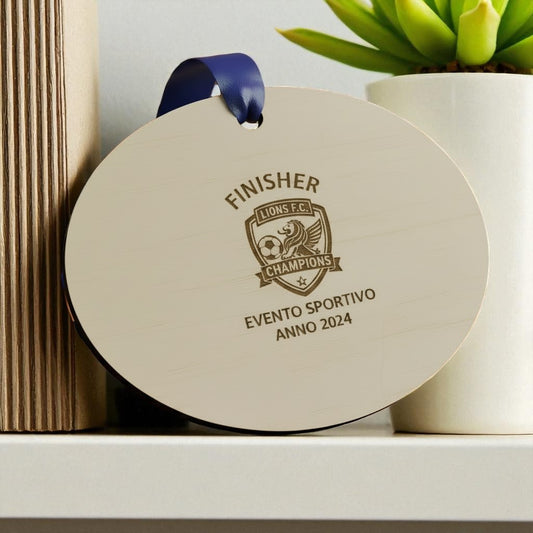 medaglia ovale personalizzata in legno con incisione laser