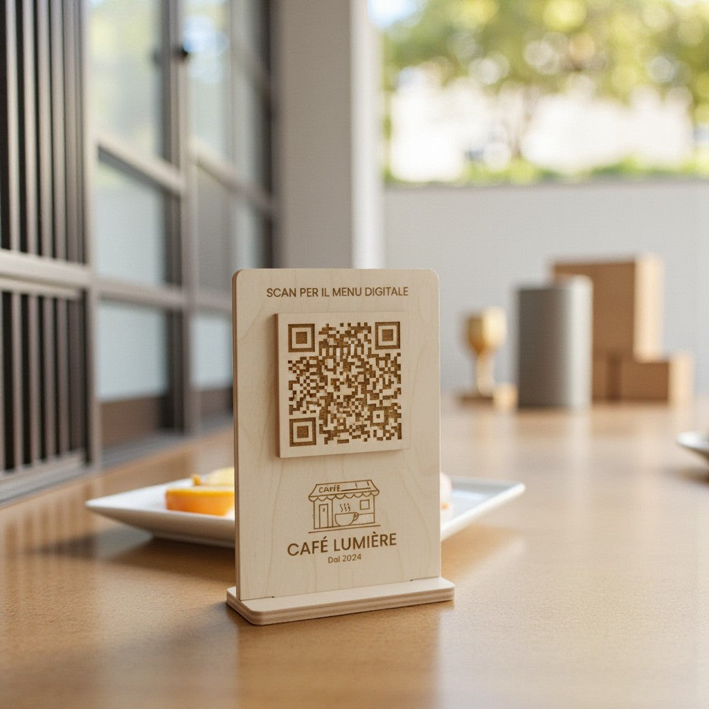 qr code cavalierino in legno con incisione personalizzata logo per ristorante bar pub locale rustico (Copia)