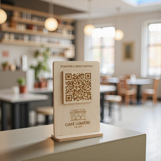 qr code cavalierino in legno con incisione personalizzata logo per ristorante bar pub locale rustico (Copia)