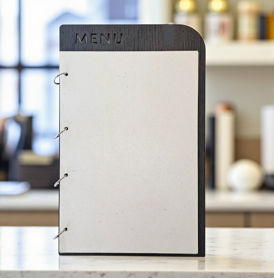 Porta menù in legno nero simil ebano formato A4/A5 per HoReCa (Hotel, Ristoranti, Bar), Porta menù personalizzato, Porta menù inciso con anelli, Menù con logo