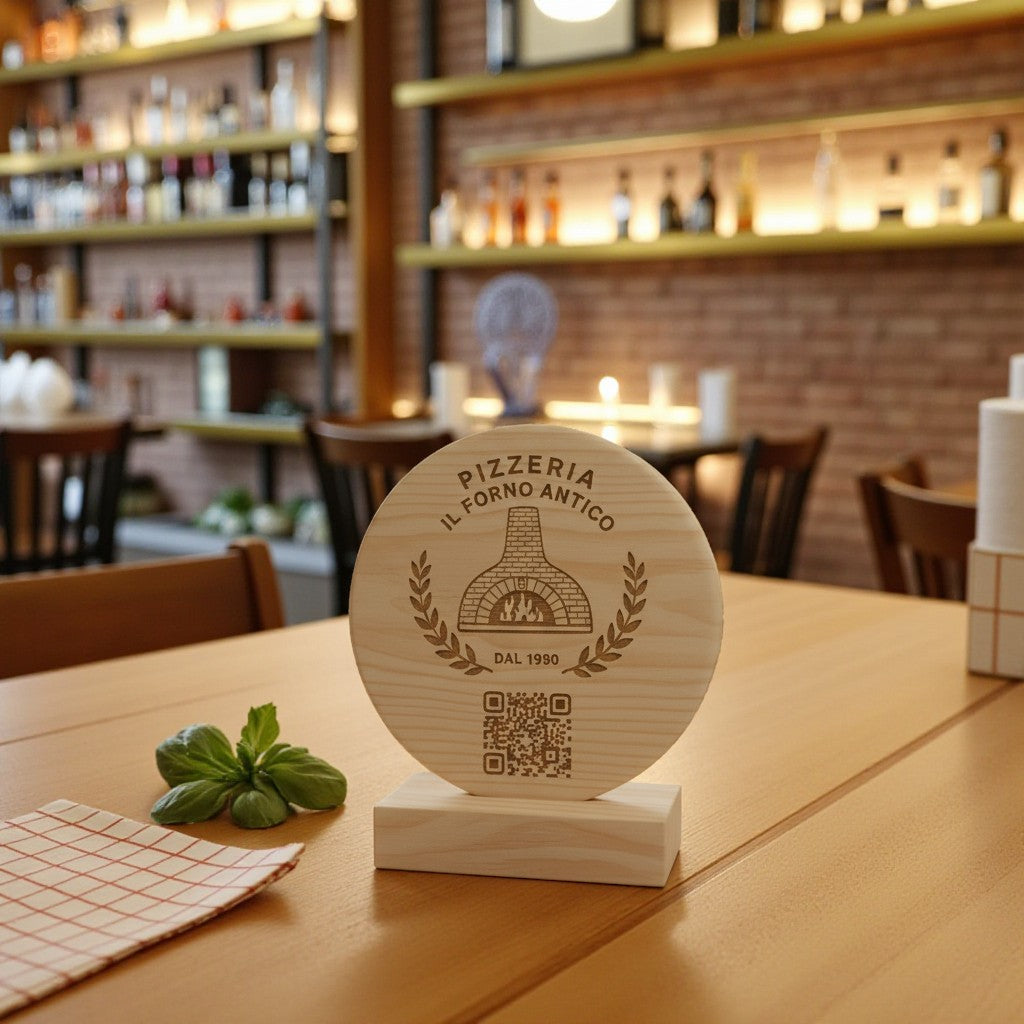 Menù con codice QR inciso e logo, porta menù da tavolo, porta menù per ristoranti, porta menù personalizzato