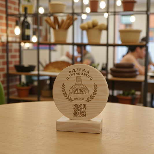 Menù con codice QR inciso e logo, porta menù da tavolo, porta menù per ristoranti, porta menù personalizzato
